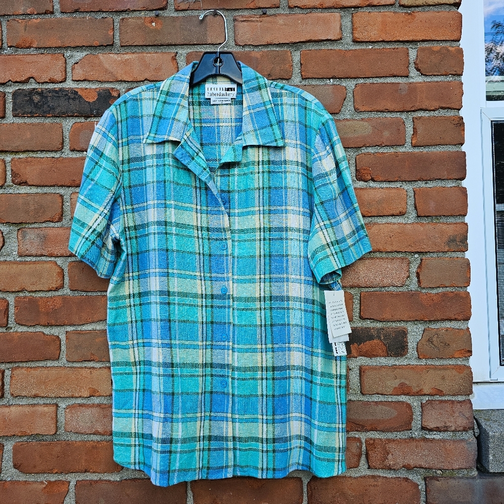 Leslie Fay Haberdashery Women’s Linen-Blend Plaid Button-Up Shirt